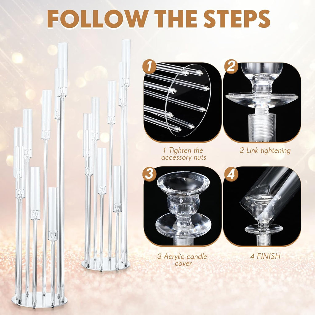 2 Pcs 8 Arm Acrylic Candelabra Centerpieces for Tables 49.6 x 11 Inch Candlesticks Holder Clear Acrylic Candle
