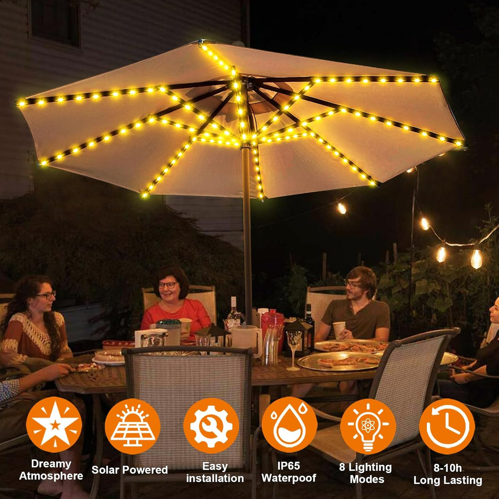 Solar Umbrella Lights, 8 Strands Patio Umbrella Lights Outdoor with 8 Modes 3V Solar Panel Clip 112 Led Outdoor
