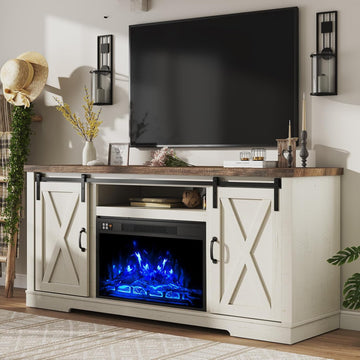 Fireplace TV Stand with Sliding Barn Door for TVs up to 73", Farmhouse 63" Fireplace Entertainment Center with Storage Cabinets/Adjustable Shelves, Distressed White & Barnwood