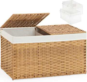Storage Basket with Lid Rattan Woven Storage Baskets with 2 Separate Lids, 17.2 Gallon (65 L), 22 x 13 x 13.8