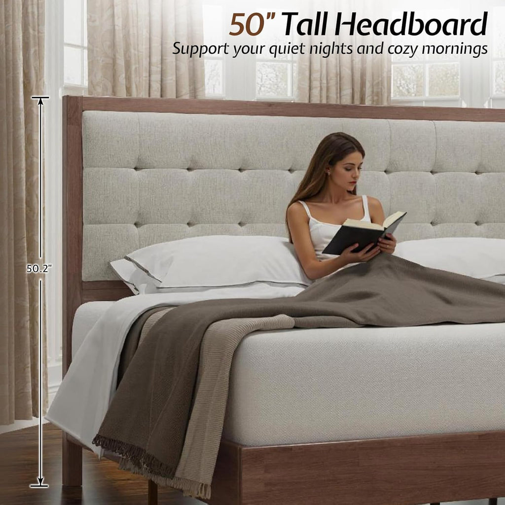 Solid Wood Queen Bed Frame 50.2" Tall Upholstered Headboard, Mid-Century Style, Stable Platform Support, No Box