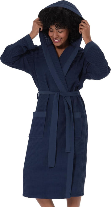 Women's Organic Cotton Waffle Kimono, Hooded Robe - GOTS Certified Lightweight Full-Length Spa Bathrobe with Piping