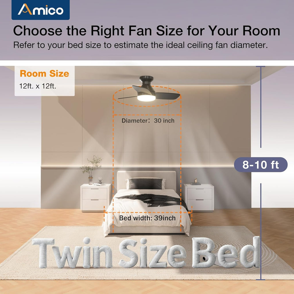 Ceiling Fans with Lights, 30 inch Low Profile Ceiling Fan with Light and Remote Control, Flush Mount, Reversible, 3CCT, Dimmable, Noiseless, Black Ceiling Fan for Bedroom, Indoor/Outdoor Use