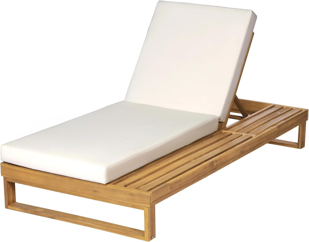 Acacia Wood Chaise Lounge Chair with 3-Fold Cushion, Outdoor Chaise Lounge with 4-Position Adjustable Backrest