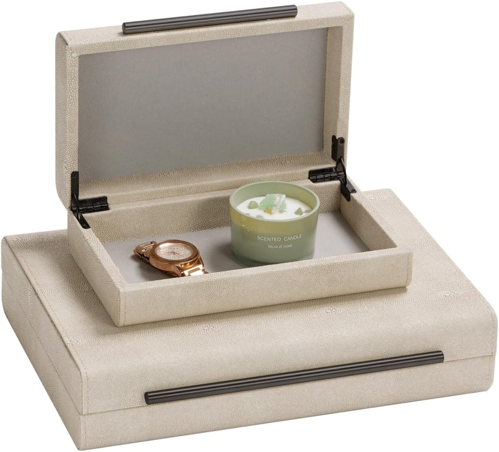 Ivory Shagreen Decorative Boxes-Modern Faux Leather Jewelry Orgazier, Engineered Wood Keepsake Boxes - Set of 2