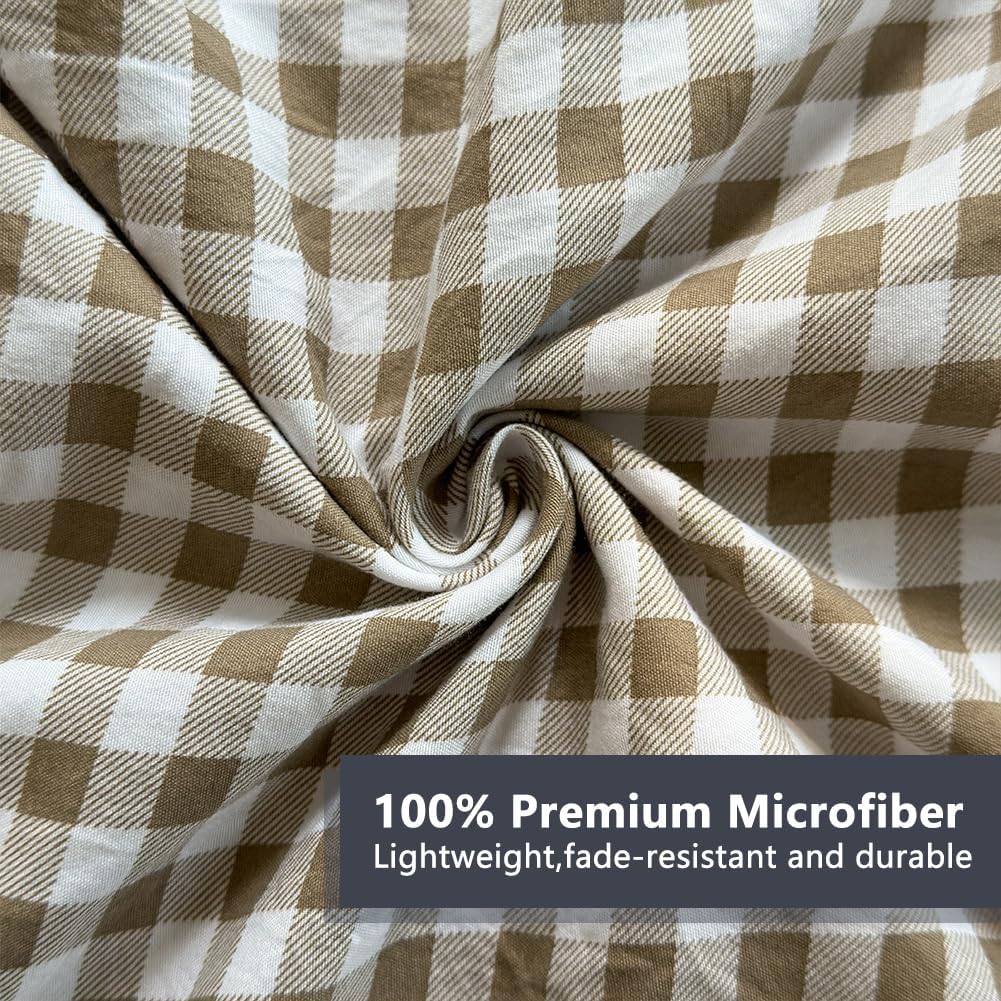 Tan Gingham Ruffle Sheet Set, Taupe Soft Pre-Washed Microfiber Plaid Bed Sheets, 4-Pieces Farmhouse Sheet