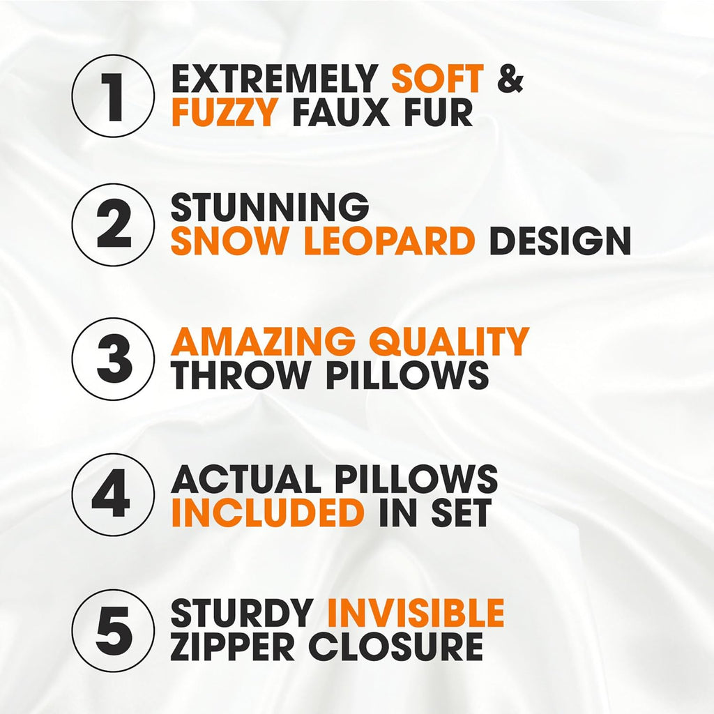 Faux Fur Throw Pillows with Inserts - Set of 2 Decorative Square Couch Pillows, 12” x 20” Snow Leopard Embossed Ombre