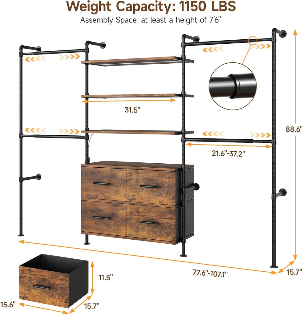 T3 Closet System with Stepless Dimmable LED Light, Industrial Pipe Clothing Rack with 4 Drawers, 6 Wooden Shelves & 4