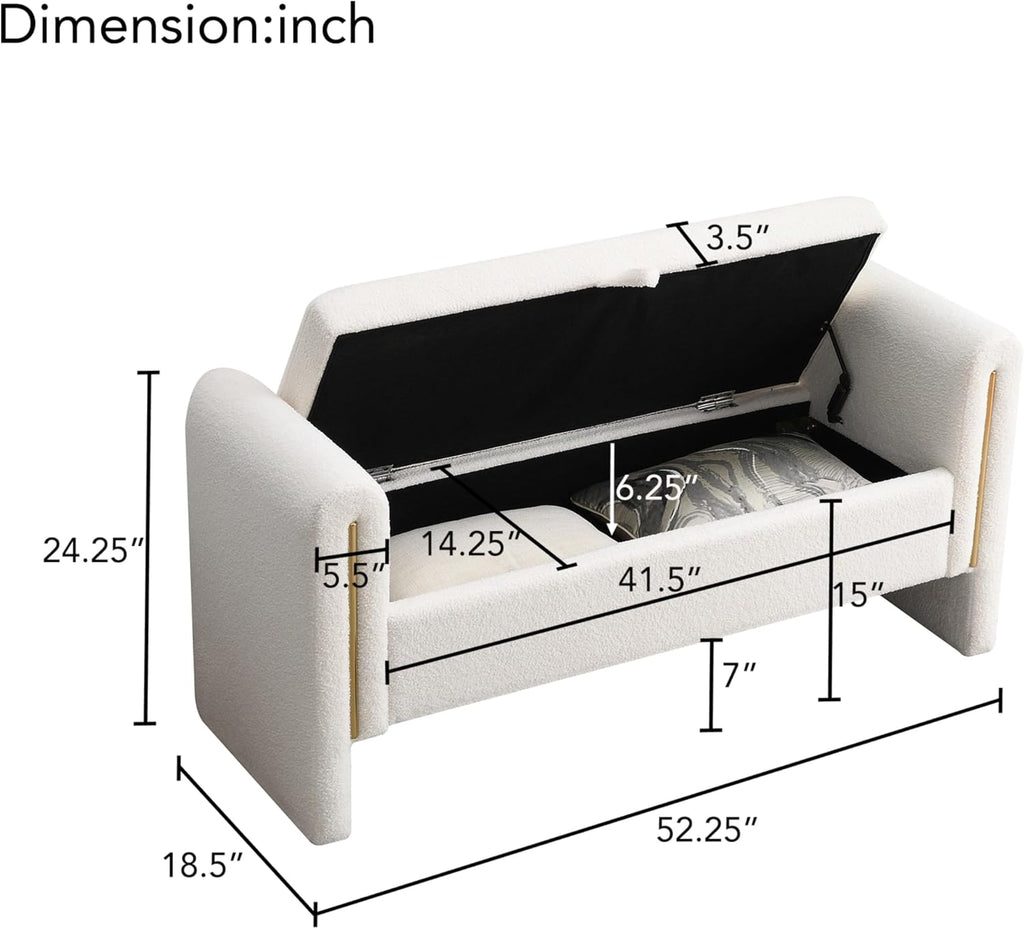 Upholstered Storage Ottoman, Teddy Fabric Bench with Solid Wood Legs, Comfortable Foot Rest Stool, Storage Bench End