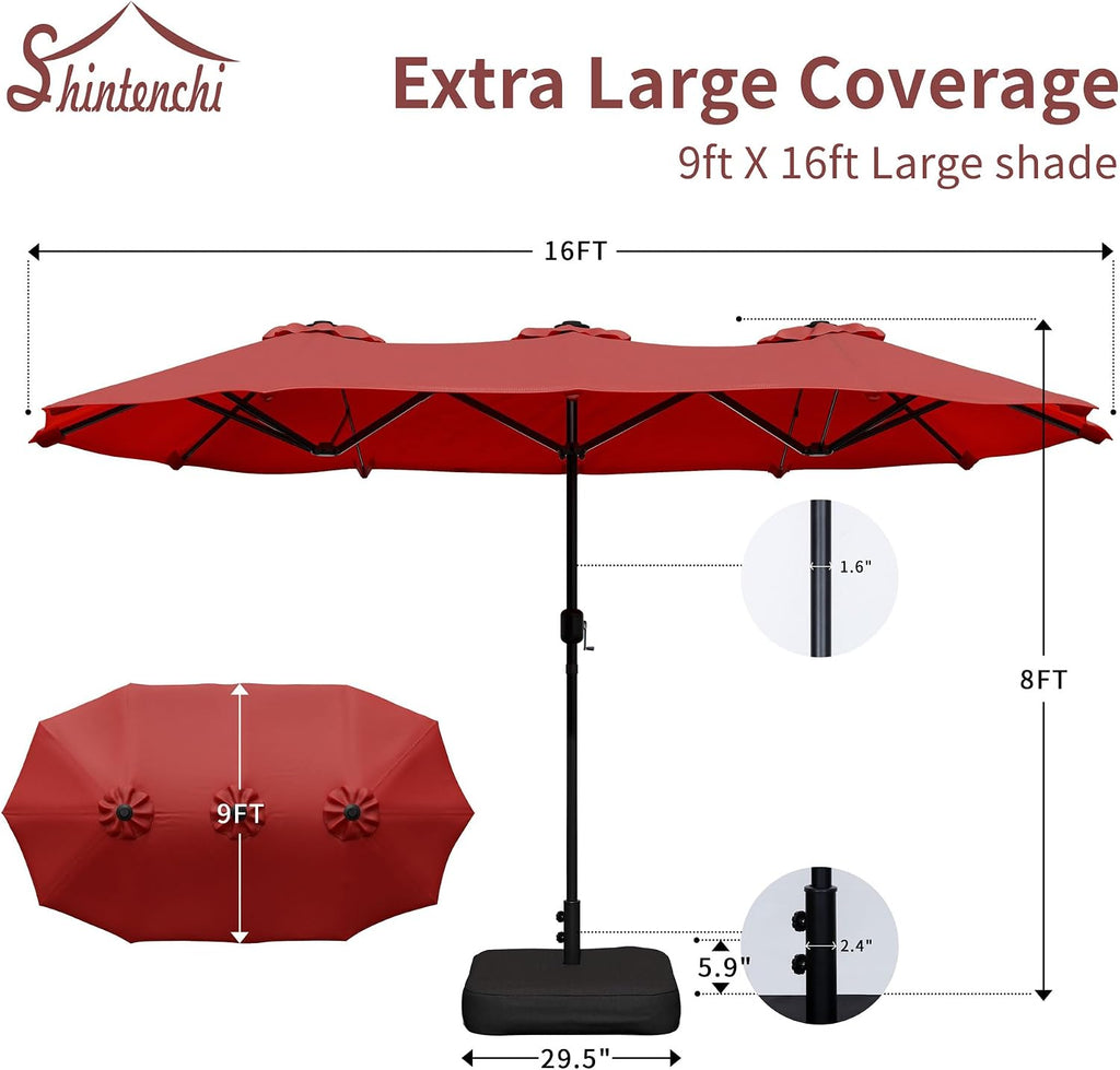 16FT Large Patio Umbrella with Base Included, Outdoor Double-Sided Rectangular Shade with Crank Handle Red