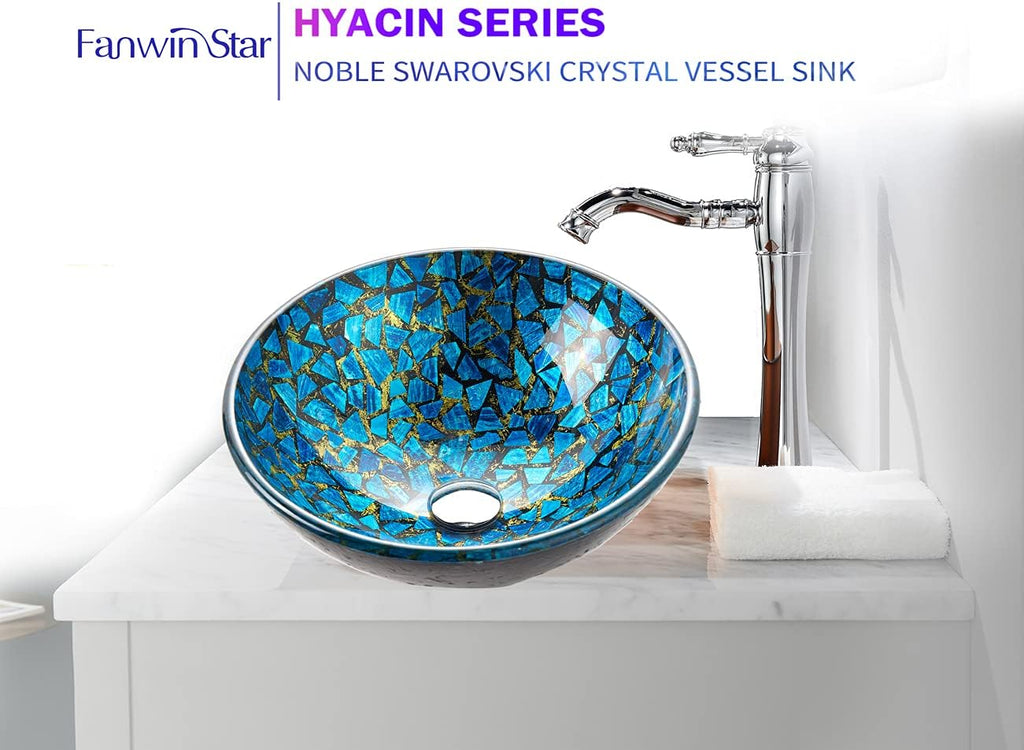 Hyacin Series Round Tempered Mosaic Deco Glass Vessel Bathroom Sink in Starry Blue | Top Mount Sinks Above Countertop