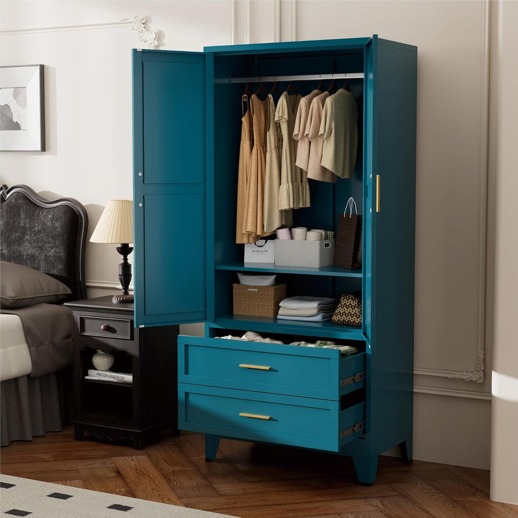 Blue Metal Wardrobe Closet, Armoire Wardrobe with Two Drawers Clothes Cabinet , 71" Tall Farmhouse Steel Armoire