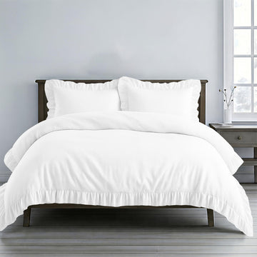 3 Pc White Ruffle Trim Duvet Cover Set Oversized King Size-100% Egyptian Cotton 600 TC Frilled, Shabby Chic Bohemian