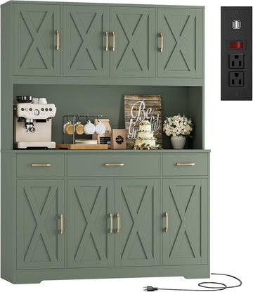 71" Tall Kitchen Pantry Storage Cabinet, 55" W Kitchen Hutch, Green | Large Pantry Cabinet with Charging Station /