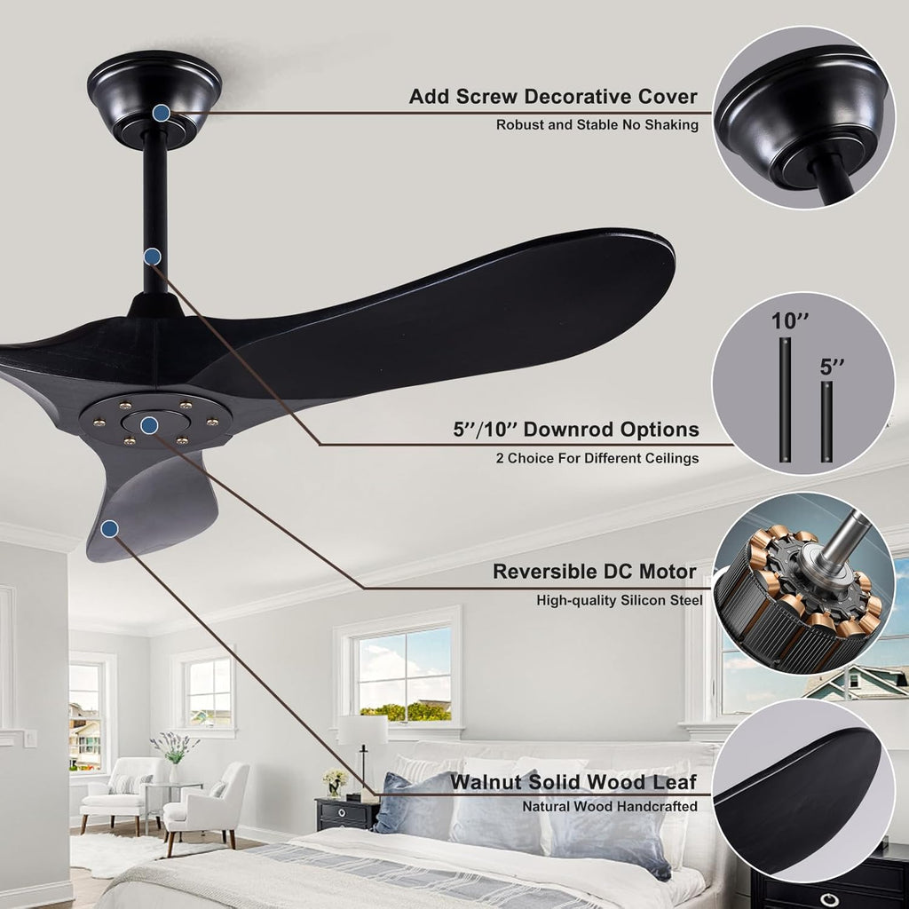 Inspired Maverick Style 42 Inch Solid Wood Ceiling Fan with Remote,Black Ceiling Fan no Light,6 Speeds,Noiseless,Reversible DC Motor,Modern Ceiling Fans without Lights for Outdoor Indoor Bedroom Farmhouse,Patios