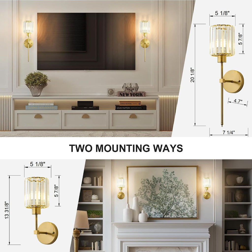 Hardwired Crystal Wall Sconces Set of Two - Dimmable Wall Light Fixtures 3000K, Warm White, for Hallway, Bathroom