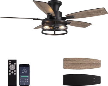 42 Inch Flush Mount Ceiling Fans with Lights and Remote Control, Farmhouse Ceiling Fan with LED Lighting