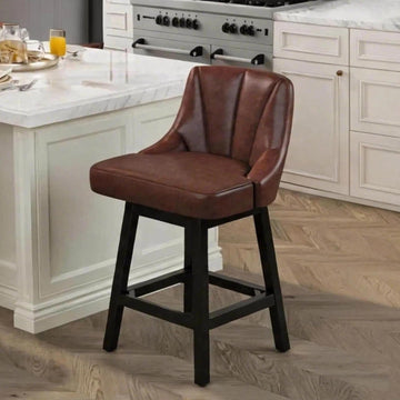 26" Swivel Bar Stool 1 PC with Back, Square Wood Leg, Leather Brown