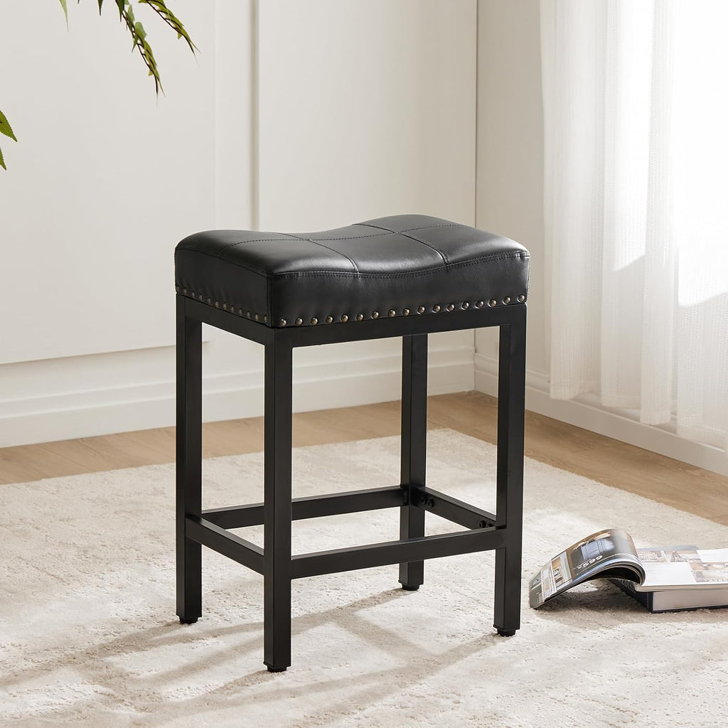 Saddle Bar Stools Set of 4, 24 Inch Counter Height Stools with Curved PU Leather Surface, 3.7" Thick Upholstery Bar