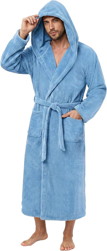Men's Bathrobes with Hood, Soft Long Towel Robe for Men - Super Absorbent Quick Dry yet Warm