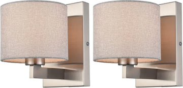 Modern Brushed Nickel Wall Sconces Set of 2 | Linen Drum Shade Wall Sconce, 1-Light Silver Wall Mount Lamp Hallway