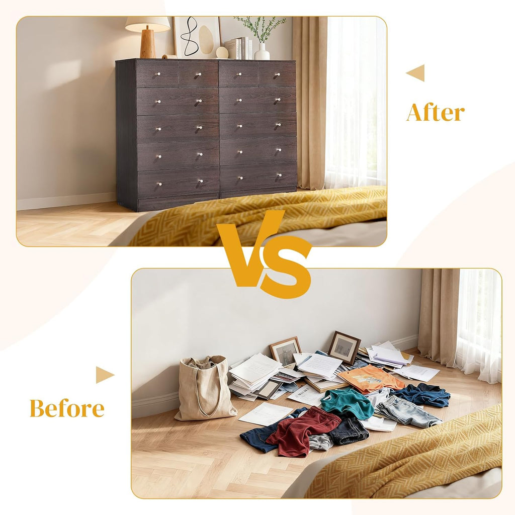 Dresser , Modern Wood Dresser Chest of Drawers, Bedroom Dressers Nightstand, Anti-Tipping Device, Rose Gold Metal
