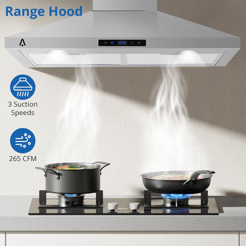 30 Inch Stainless Steel Wall Mount Range Hood 265 CFM Touch Control, LED Lights Convertible Ducted/Ductless