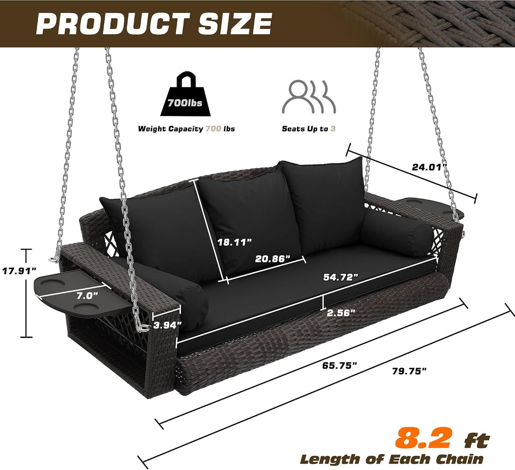 Wicker Hanging Porch Swing - Outdoor 3 Person Patio Swing Bench with Cushion & Chains - 3-Seat Porch Swing Chair with
