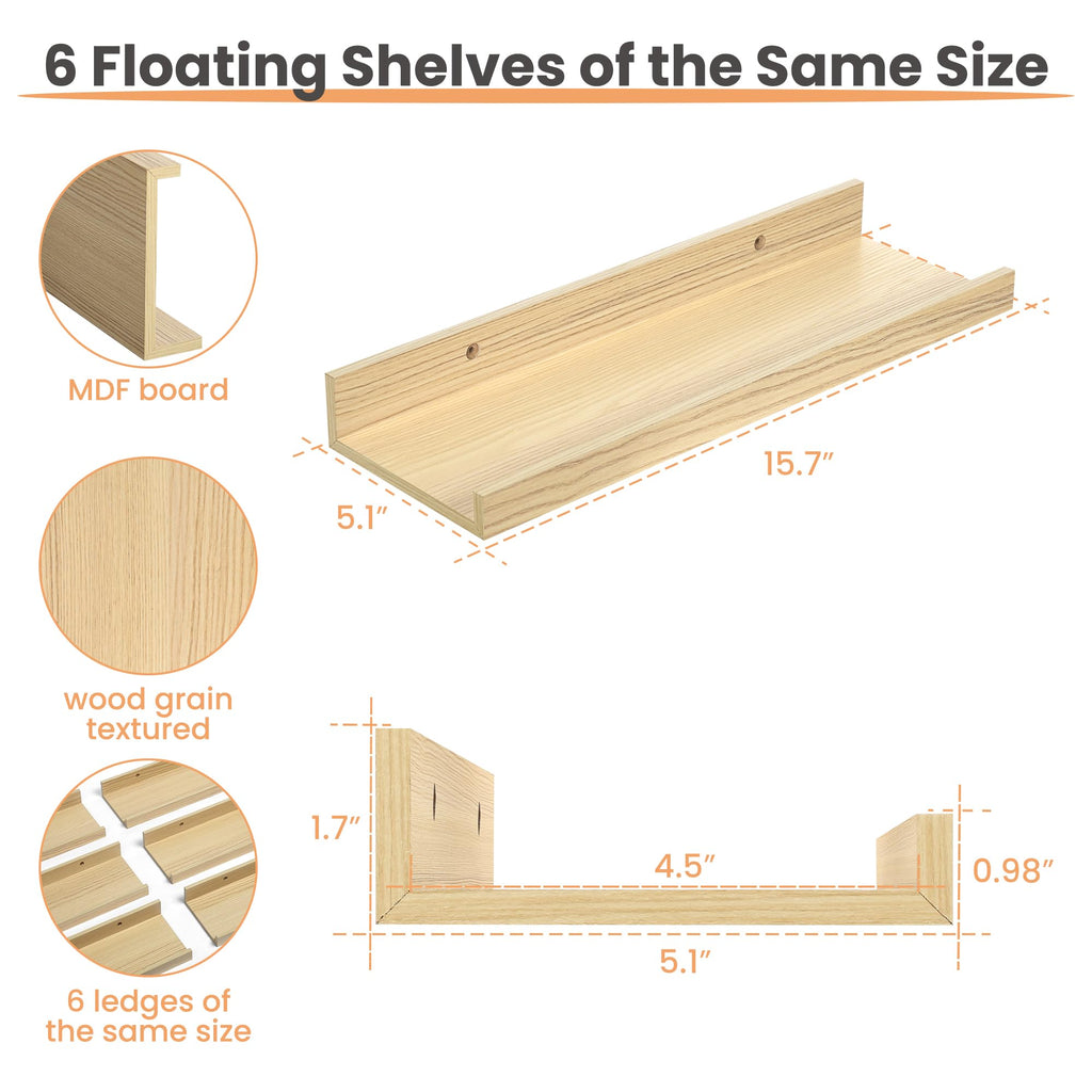 Floating Shelves for Wall Decor Storage, Natural, 6Pcs, 15.7''