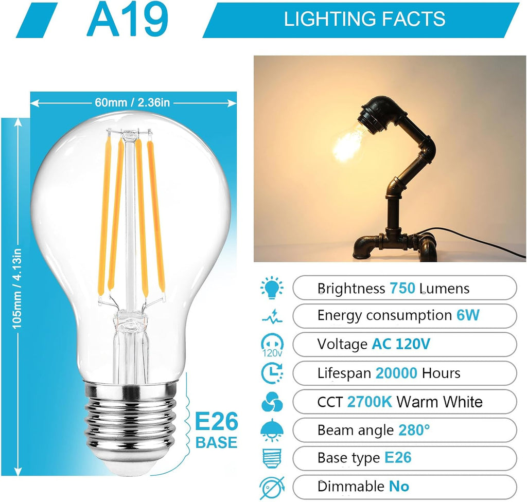 60 Watt Equivalent, E26 LED Filament Light Bulbs, Warm White 2700K, Non-Dimmable, Classic Clear Glass, A19 LED Light - Set of 6