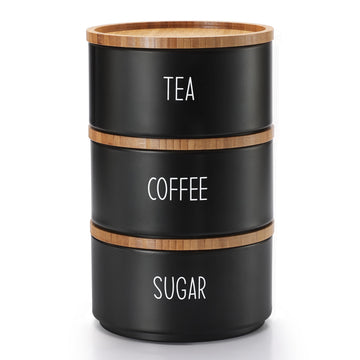 Coffee Tea Sugar Container Set, Stackable Tea Coffee Sugar Canister Set with Bamboo Lids, Airtight Kitchen Canisters