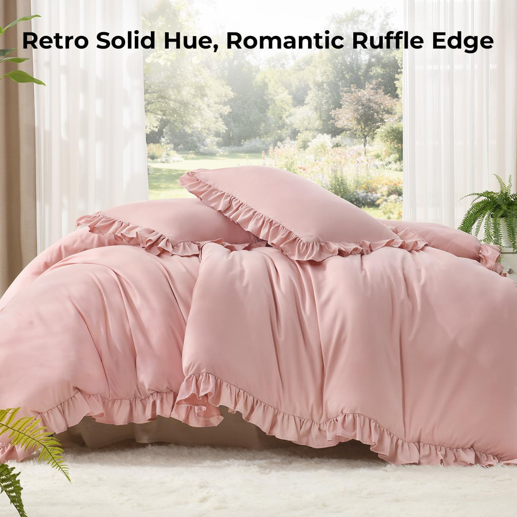 Comforter Sets, 3 Pieces Blush Pink Ruffle Girls Women Cute Bedding Comforters & Sets, Lightweight Fluffy