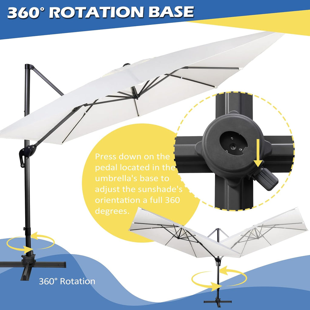 10x10Ft Cantilever Patio Umbrella Square 360° Rotation & Integrated Tilting System Offset Umbrella with 8 Sturdy Ribs