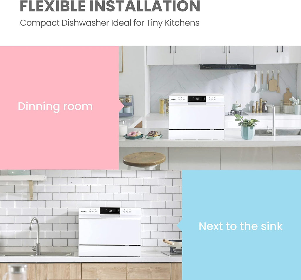 Portable Mini Dishwasher, Countertop, 6 Place Settings, with 8 Washing Programs, Speed, Baby-Care, ECO& Glass