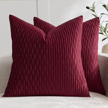Burgundy Throw Pillow Covers: Pack of 2 24x24 Inch Vertical Ripple Striped Velvet Square Decorative Pillow Cases for