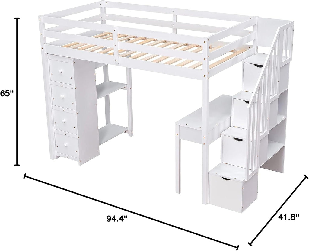 Loft Bed Twin with Desk and Storage Stairs, Space-Saving Wood Bed Frame with Drawers and Shelves