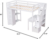 Loft Bed Twin with Desk and Storage Stairs, Space-Saving Wood Bed Frame with Drawers and Shelves