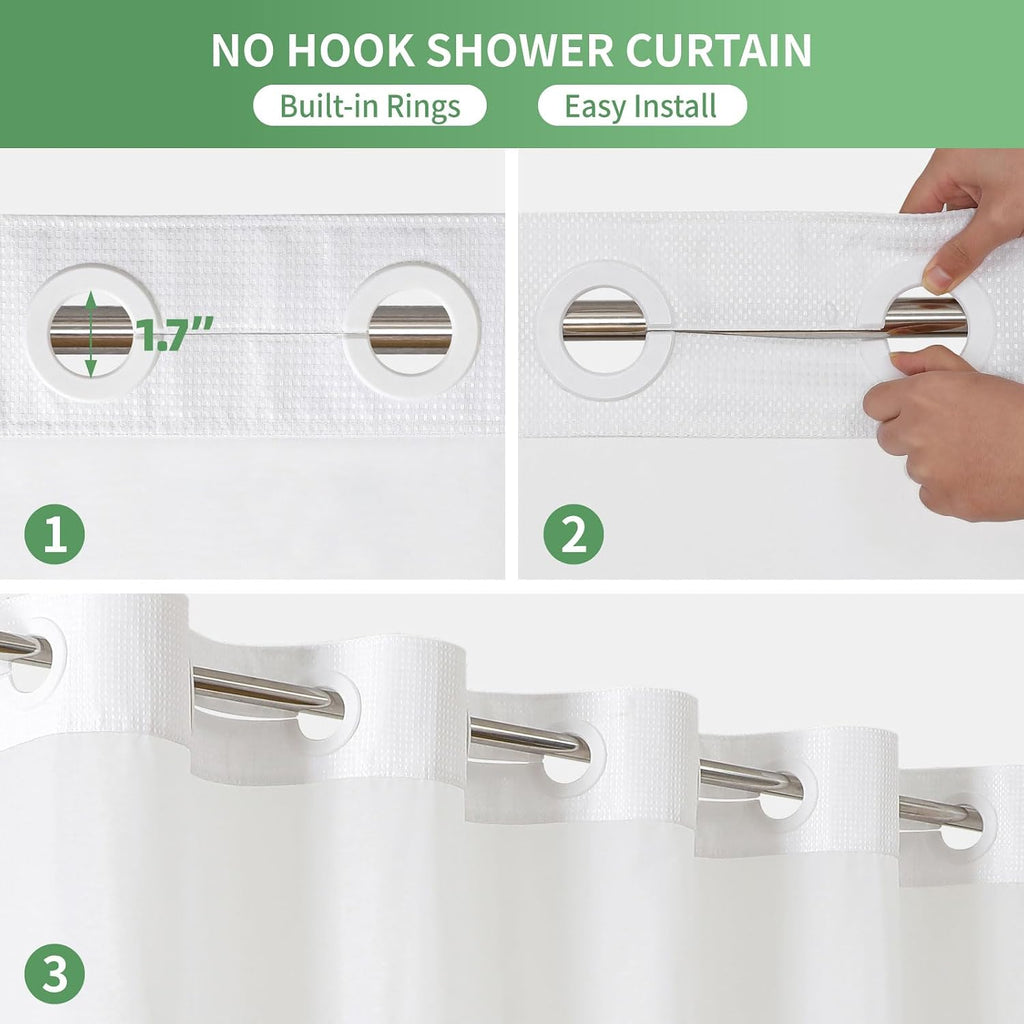 No Hook Waffle Weave Shower Curtain with Snap-in Fabric Liner Set,White Shower Curtains with See Through Top