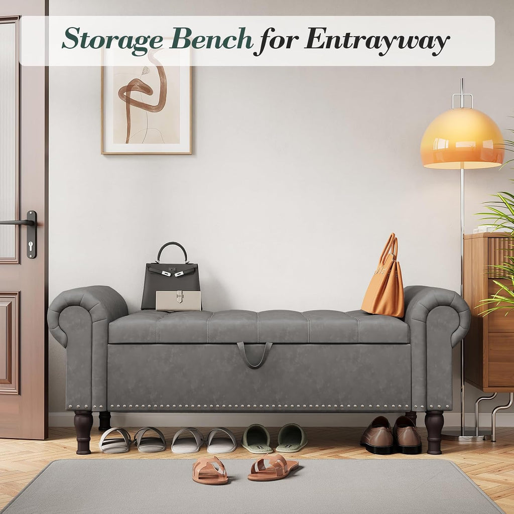 51" Bench with Storage, Upholstered Tufted Button Bedroom Bench with Storage, Faux Leather End of Bed Bench with