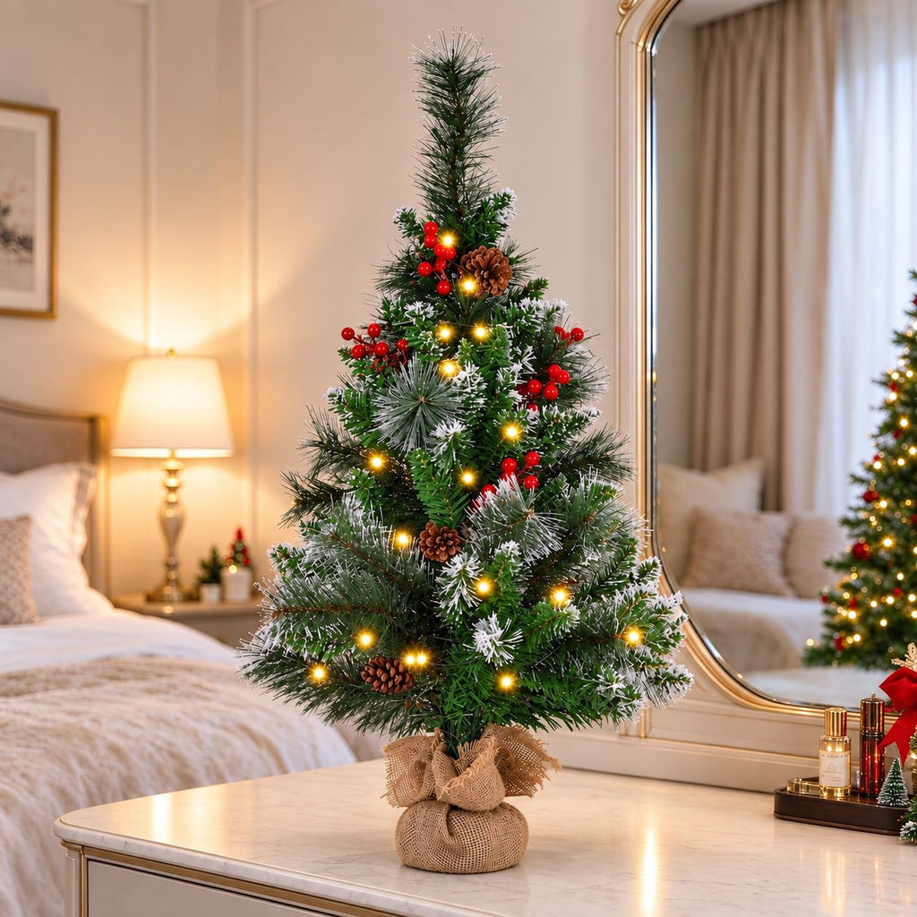 3 FT Mini Christmas Tree, 36" Prelit Small Artificial Tabletop Flocked Christmas Trees Decor with 50 Lights Timer