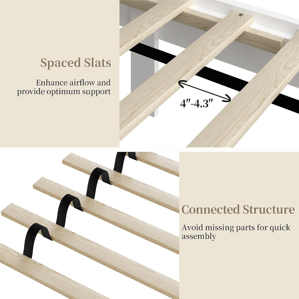 Full Bed Frame Wood Bed Platform with Headboard Solid Slat Support No Box Spring Needed Noise-Free Easy Assembly