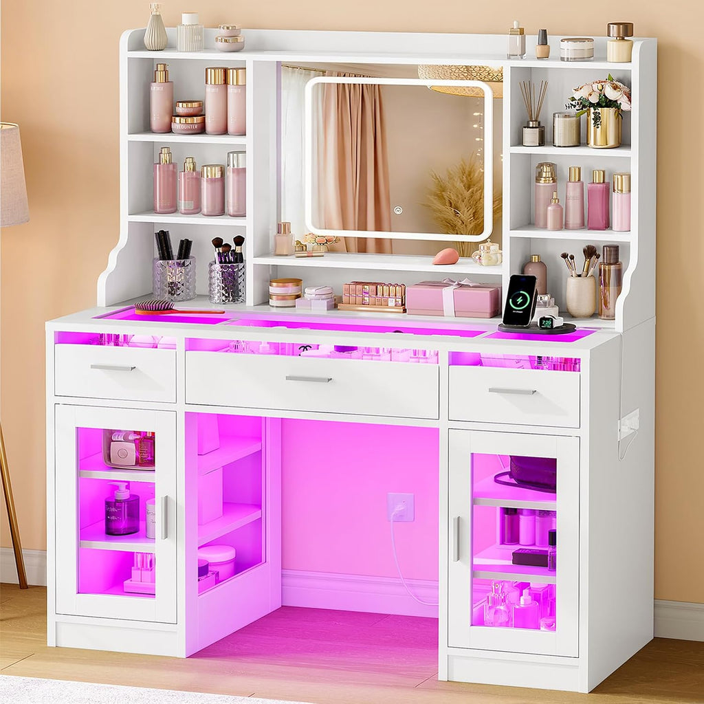Vanity Desk with Mirror and Lights, 42" Large Makeup Vanity with Glass Top with 3 RGB Drawers, 2 Large Transparent
