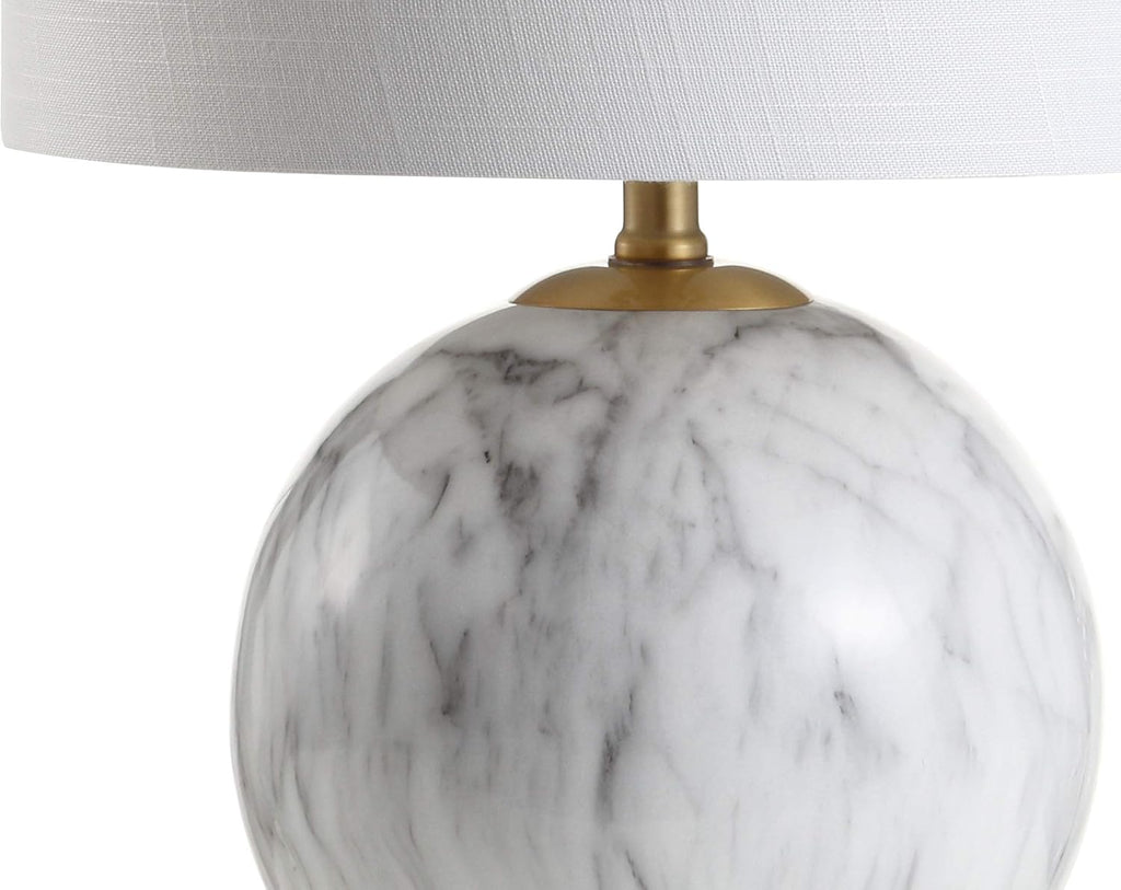 21.5" White/Brass Gold Faux Marble Resin Table Lamp, Glam Geometric Sphere Base Bedroom, White Linen Drum Shade