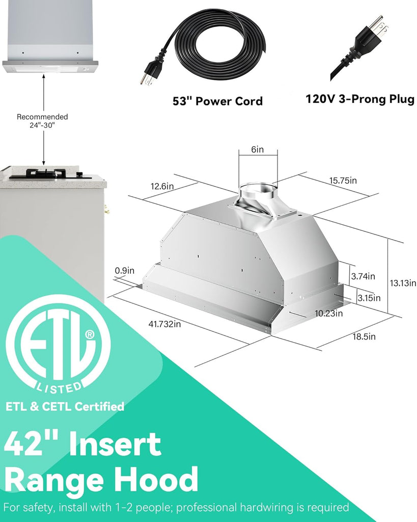 42 Inch Stainless Steel Range Hood Insert 900 CFM Ultra-Quiet 4 Speed Gesture Control, LED Lights Convertible Ducted/Ductless