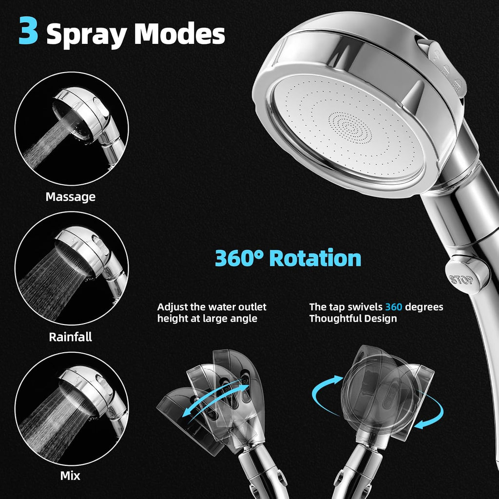High Pressure Shower Head, 3-Settings Handheld Showerhead with ON/Off Full Shutoff Push Button and Switch to Control