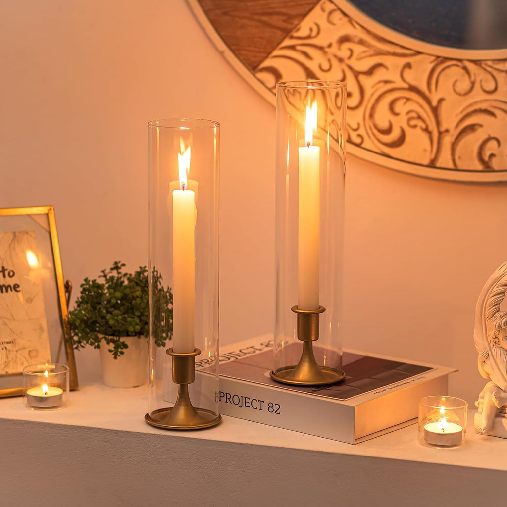 Hurricane Candlestick Holders Gold - 10 Pcs Taper Candle Holders Bulk Tall Clear Glass Cylinder for Wedding Table