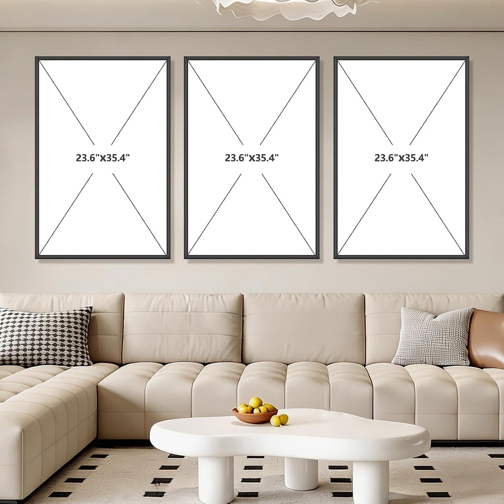 Large Neutral Abstract Wall Art Set of 3 Framed Canvas Prints, 24x36 Inch Modern Beige Black Abstract Paintings with
