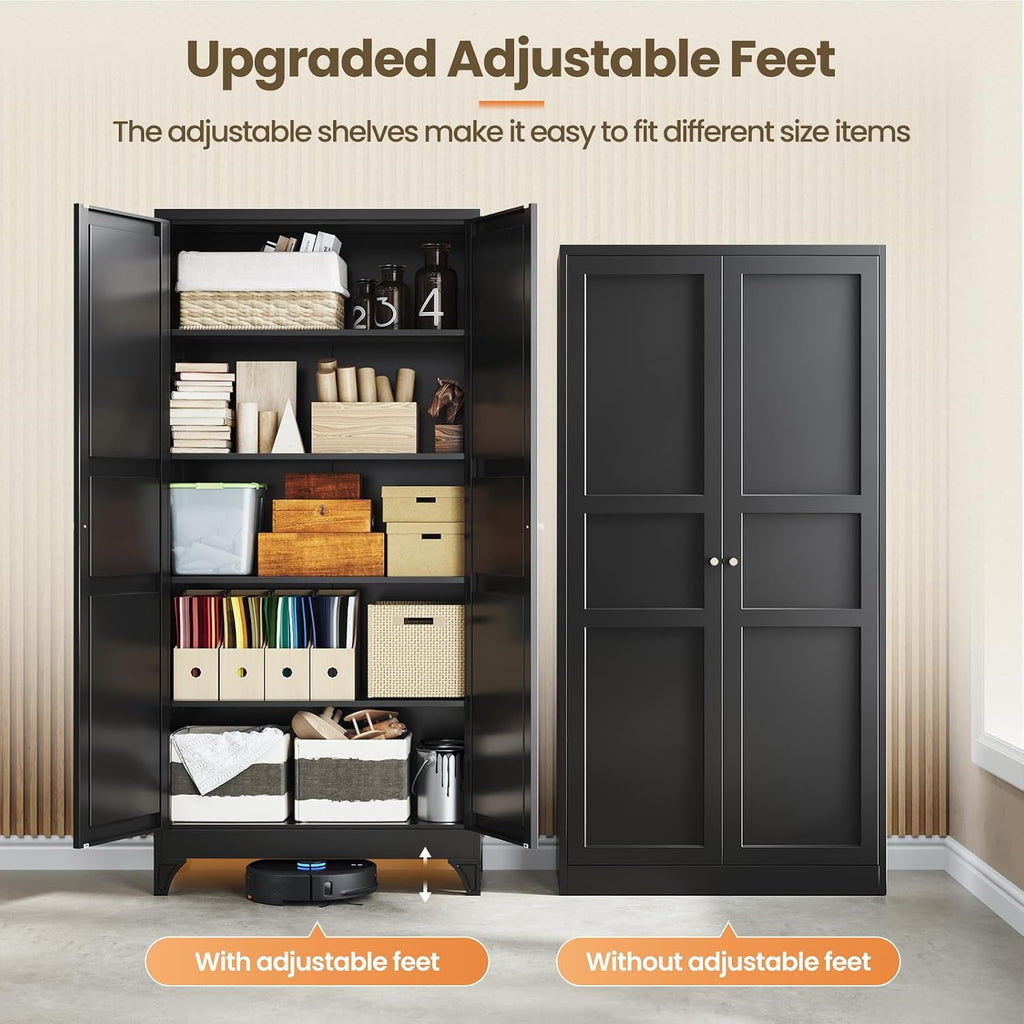 Metal Pantry Cabinet, 75" Kitchen Pantry with 2 Door and 4 Adjustable Shelves,Black Metal Pantry Storage