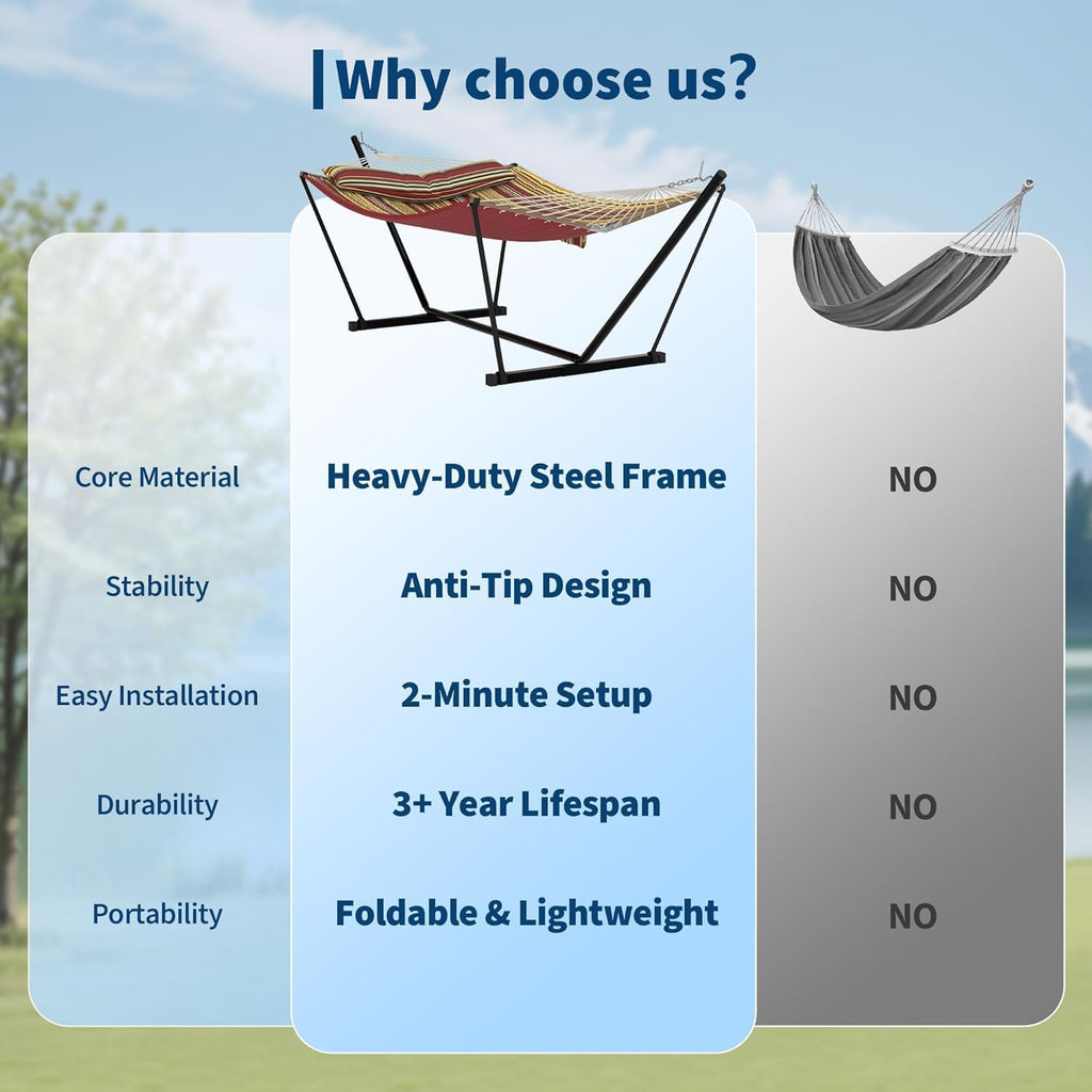 2 Person Heavy Duty Outdoor Hammock with Stand, Portable Double Hammock with Hardwood Spreader Bar, Pillow & Balance
