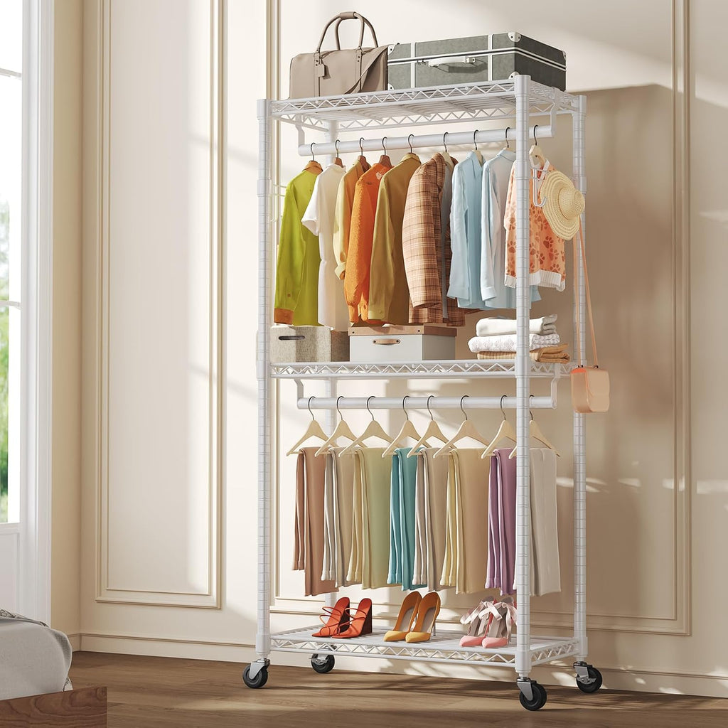 Heavy Duty Clothing Rack with Wheels, 3-Tier Adjustable Wire Garment Rack, Metal Freestanding Closet Organizer System